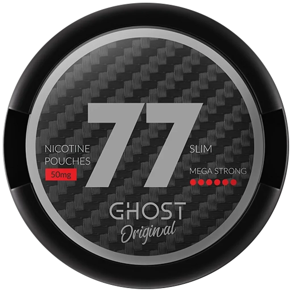 77 Ghost nicotine pouches with mega-strong 50mg nicotine strength and carbon fiber design.