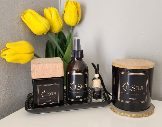 Amber Deluxe Set with soy candle, room diffuser, and mist