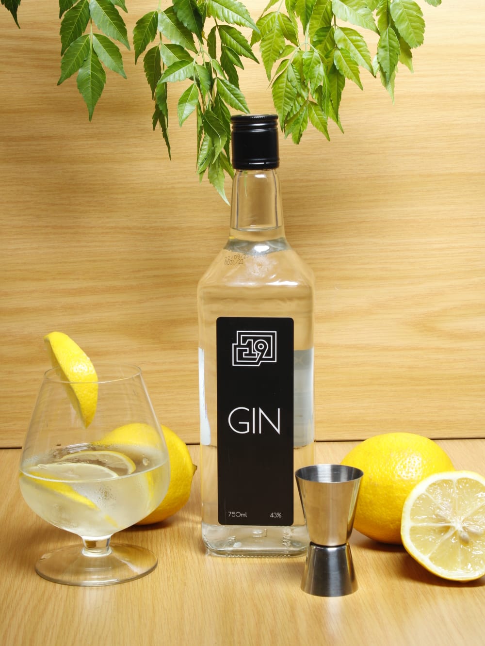 19 London Dry Gin bottle with a clean, classic design and citrus garnish.