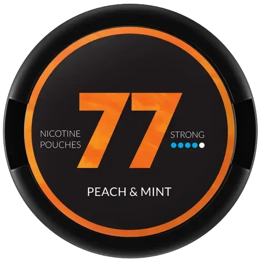 77 Peach Mint nicotine pouch featuring a blend of peach and mint flavors with 20mg strength