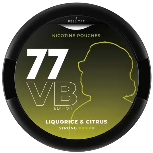 77 Liquorice Citrus nicotine pouch featuring a bold blend of liquorice and citrus flavors with 20mg strength.