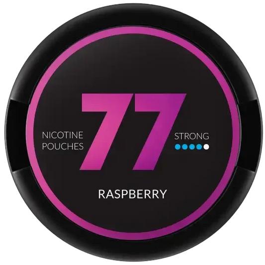 77 Raspberry nicotine pouches featuring bold raspberry flavor and 20mg strength