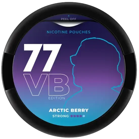 "77 Arctic Berry nicotine pouch with refreshing Arctic berry flavor and 20mg nicotine strength.